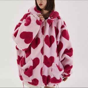 COPY - Heart All Over Oversized Faux Shearling Hooded Coat with Quilted Lining …